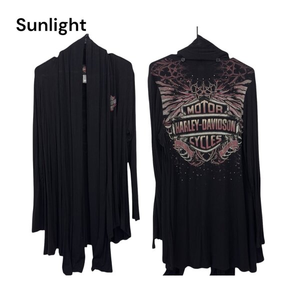 Harley-Davidson Womens L/XL Black Open-Front Cardigan With Graphic Design - Picture 1 of 12